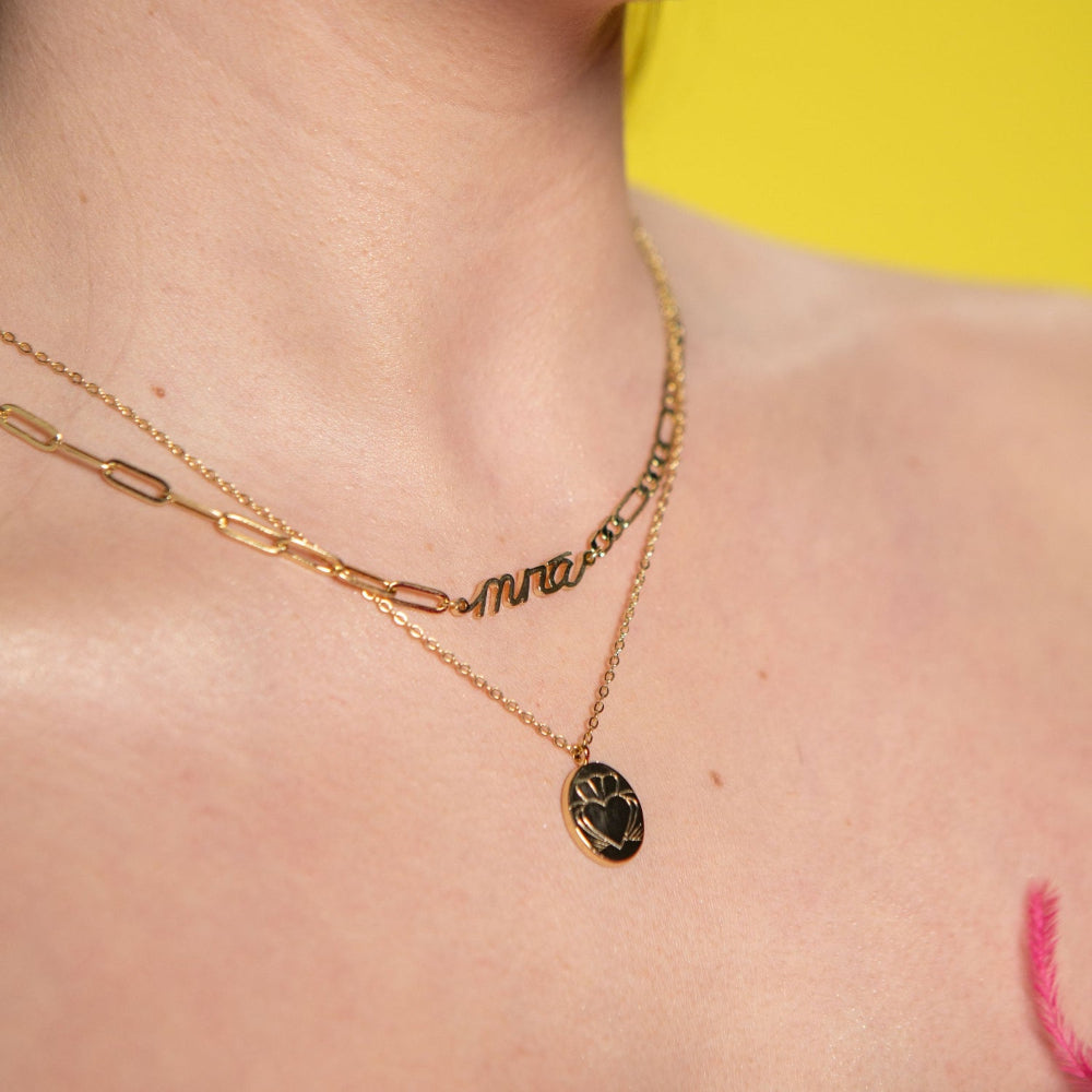 Model Wearing Heart Strong Coin Claddagh Gold Necklace