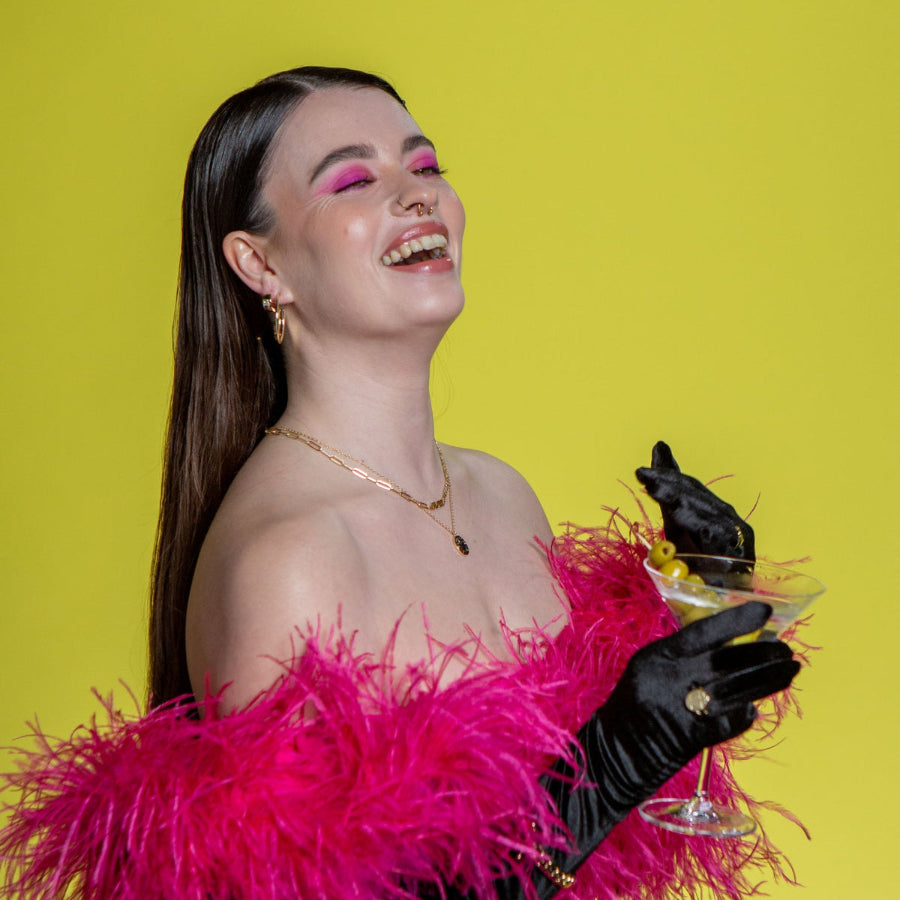 Model Wears Gold Mná Power Necklace